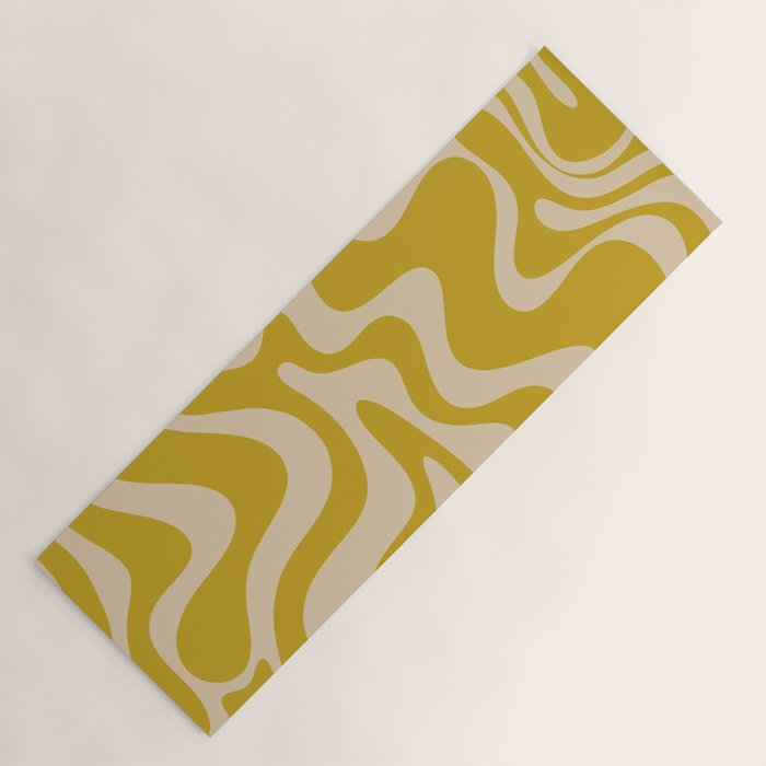 Liquid Swirl Retro Abstract Pattern in Mid Mod Mustard and Beige Yoga Mat Gallery Image 1