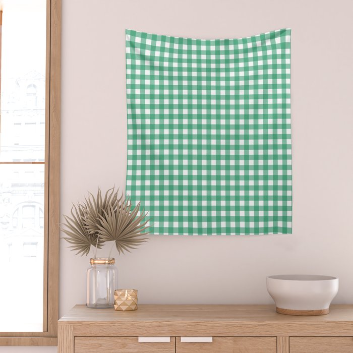 Gingham Check Pattern in Kelly Green and White Wall Tapestry Gallery Image 2