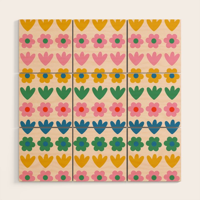 Spring Flower Stripes Cute and Cheerful Floral Pattern Pink Blue Green Mustard Yellow Wood Wall Art Gallery Image 1