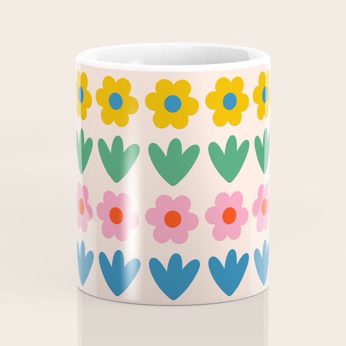Spring Flower Stripes Cute and Cheerful Floral Pattern Pink Blue Green Mustard Yellow Coffee Mug Gallery Image 4