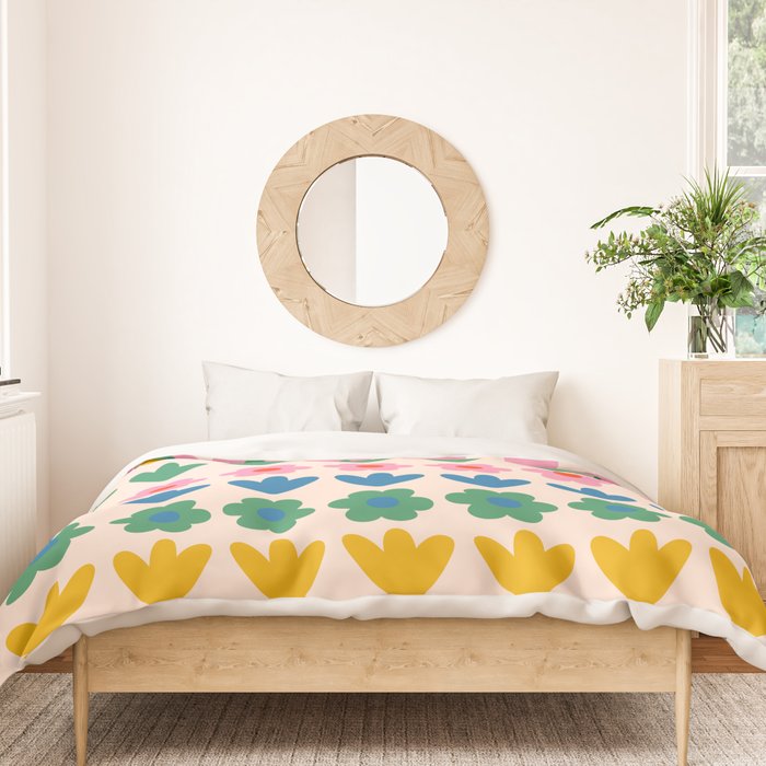 Spring Flower Stripes Cute and Cheerful Floral Pattern Pink Blue Green Mustard Yellow Duvet Cover Gallery Image 3