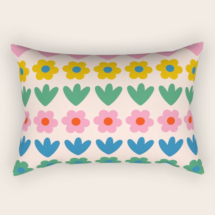 Spring Flower Stripes Cute and Cheerful Floral Pattern Pink Blue Green Mustard Yellow Rectangular Pillow Gallery Image 1