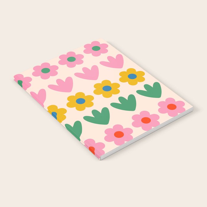 Spring Flower Stripes Cute and Cheerful Floral Pattern Pink Blue Green Mustard Yellow Notebook Gallery Image 1