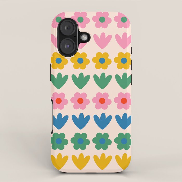 Spring Flower Stripes Cute and Cheerful Floral Pattern Pink Blue Green Mustard Yellow iPhone Case Gallery Image 1