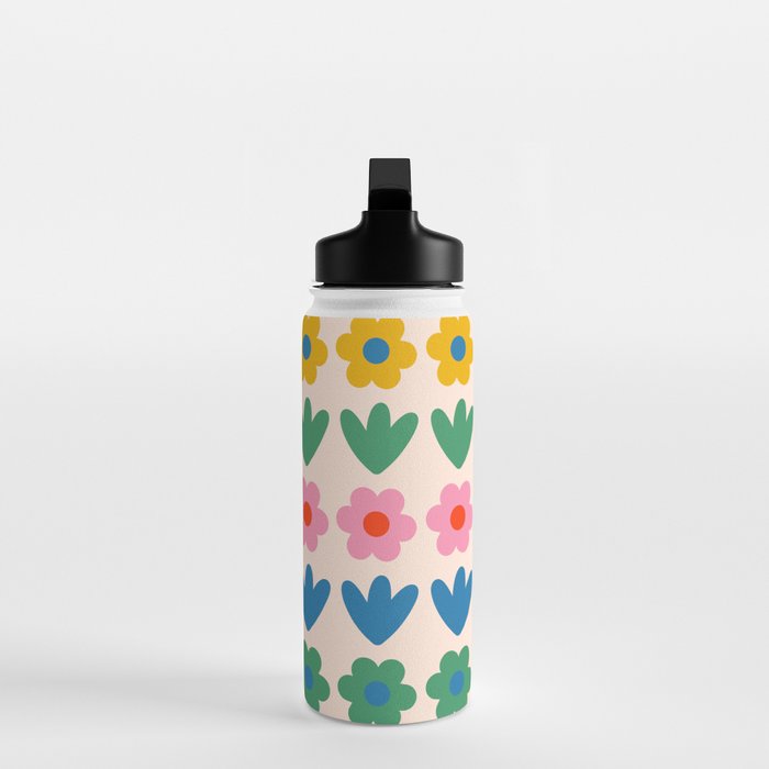 Spring Flower Stripes Cute and Cheerful Floral Pattern Pink Blue Green Mustard Yellow Water Bottle Gallery Image 3