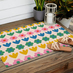 Spring Flower Stripes Cute and Cheerful Floral Pattern Pink Blue Green Mustard Yellow Outdoor Rug Gallery Image 2