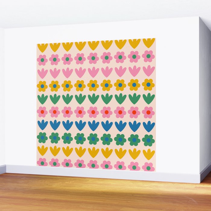 Spring Flower Stripes Cute and Cheerful Floral Pattern Pink Blue Green Mustard Yellow Wall Mural Gallery Image 2