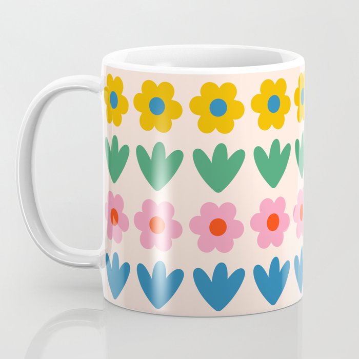 Spring Flower Stripes Cute and Cheerful Floral Pattern Pink Blue Green Mustard Yellow Coffee Mug Gallery Image 3