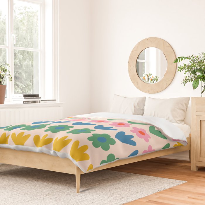 Spring Flower Stripes Cute and Cheerful Floral Pattern Pink Blue Green Mustard Yellow Duvet Cover Gallery Image 2