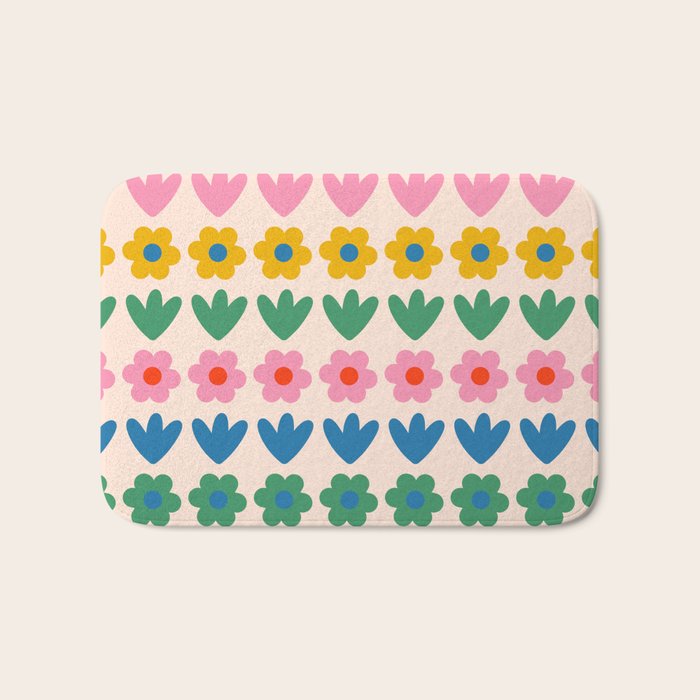 Spring Flower Stripes Cute and Cheerful Floral Pattern Pink Blue Green Mustard Yellow Bath Mat Gallery Image 1