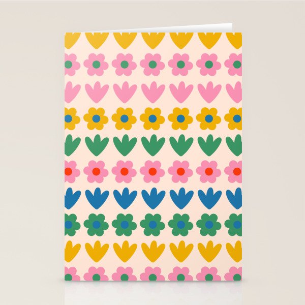 Spring Flower Stripes Cute and Cheerful Floral Pattern Pink Blue Green Mustard Yellow Stationery Card Gallery Image 1