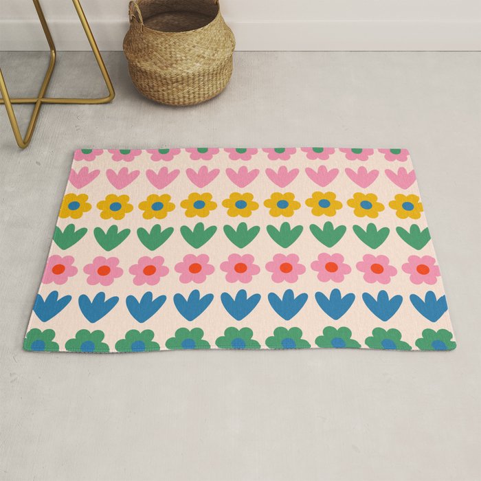 Spring Flower Stripes Cute and Cheerful Floral Pattern Pink Blue Green Mustard Yellow Rug Gallery Image 1