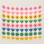 Spring Flower Stripes Cute and Cheerful Floral Pattern Pink Blue Green Mustard Yellow Wall Tapestry Gallery Image 4