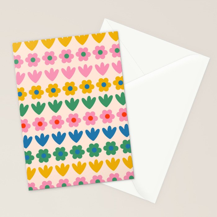 Spring Flower Stripes Cute and Cheerful Floral Pattern Pink Blue Green Mustard Yellow Stationery Card Gallery Image 2