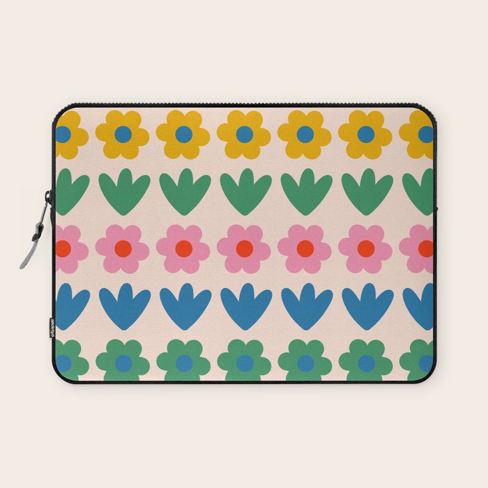 Spring Flower Stripes Cute and Cheerful Floral Pattern Pink Blue Green Mustard Yellow Laptop Sleeve Gallery Image 1