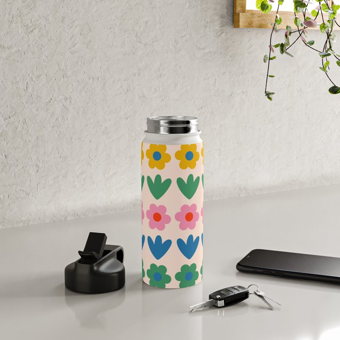 Spring Flower Stripes Cute and Cheerful Floral Pattern Pink Blue Green Mustard Yellow Water Bottle Gallery Image 4
