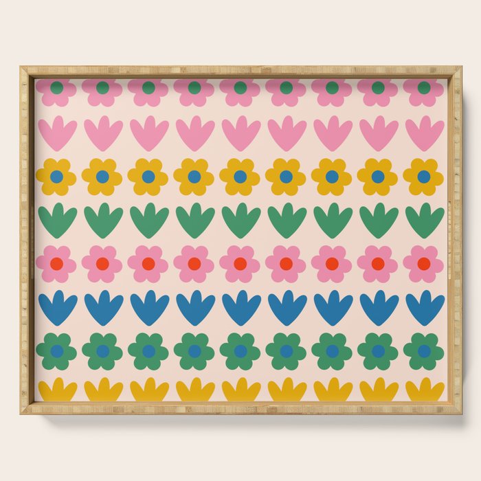 Spring Flower Stripes Cute and Cheerful Floral Pattern Pink Blue Green Mustard Yellow Serving Tray Gallery Image 1