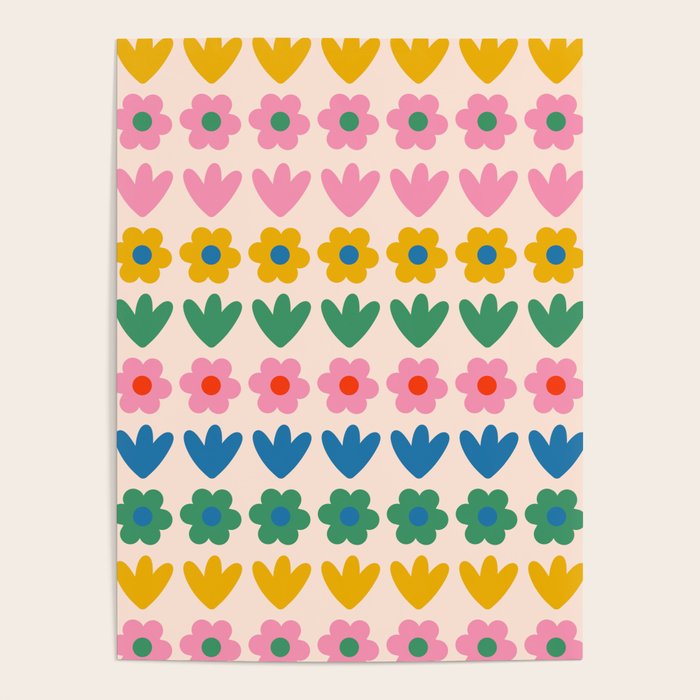 Spring Flower Stripes Cute and Cheerful Floral Pattern Pink Blue Green Mustard Yellow Poster Gallery Image 1