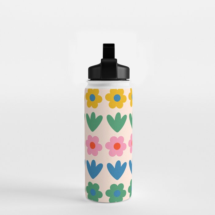 Spring Flower Stripes Cute and Cheerful Floral Pattern Pink Blue Green Mustard Yellow Water Bottle Gallery Image 2