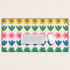Spring Flower Stripes Cute and Cheerful Floral Pattern Pink Blue Green Mustard Yellow Desk Mat Gallery Image 1