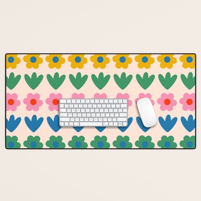 Spring Flower Stripes Cute and Cheerful Floral Pattern Pink Blue Green Mustard Yellow Desk Mat Gallery Image 1