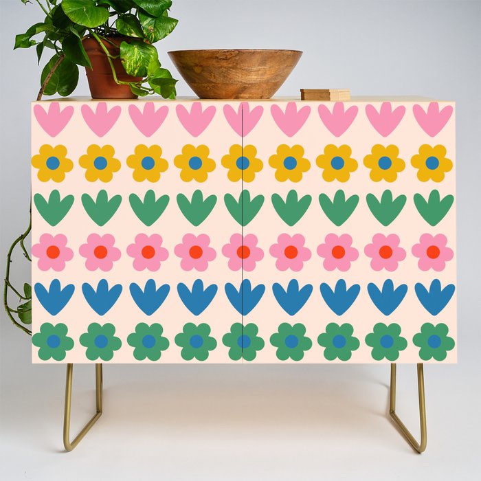 Spring Flower Stripes Cute and Cheerful Floral Pattern Pink Blue Green Mustard Yellow Credenza Gallery Image 1