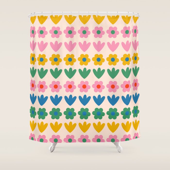 Spring Flower Stripes Cute and Cheerful Floral Pattern Pink Blue Green Mustard Yellow Shower Curtain Gallery Image 1