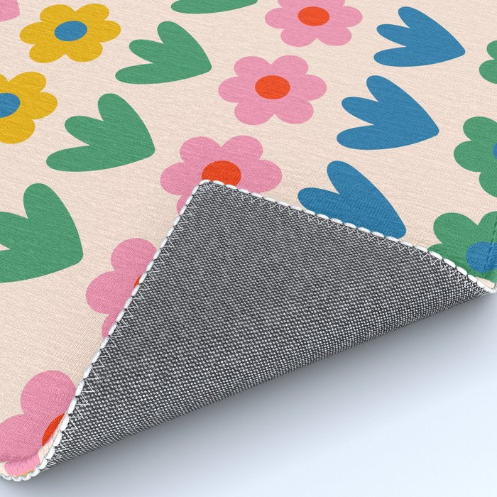 Spring Flower Stripes Cute and Cheerful Floral Pattern Pink Blue Green Mustard Yellow Rug Gallery Image 4