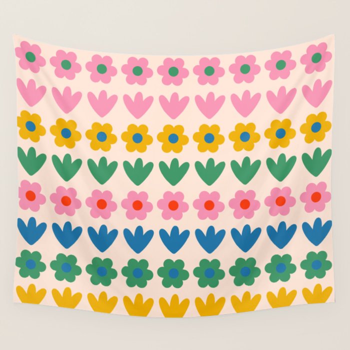 Spring Flower Stripes Cute and Cheerful Floral Pattern Pink Blue Green Mustard Yellow Wall Tapestry Gallery Image 1