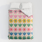 Spring Flower Stripes Cute and Cheerful Floral Pattern Pink Blue Green Mustard Yellow Duvet Cover Gallery Image 6