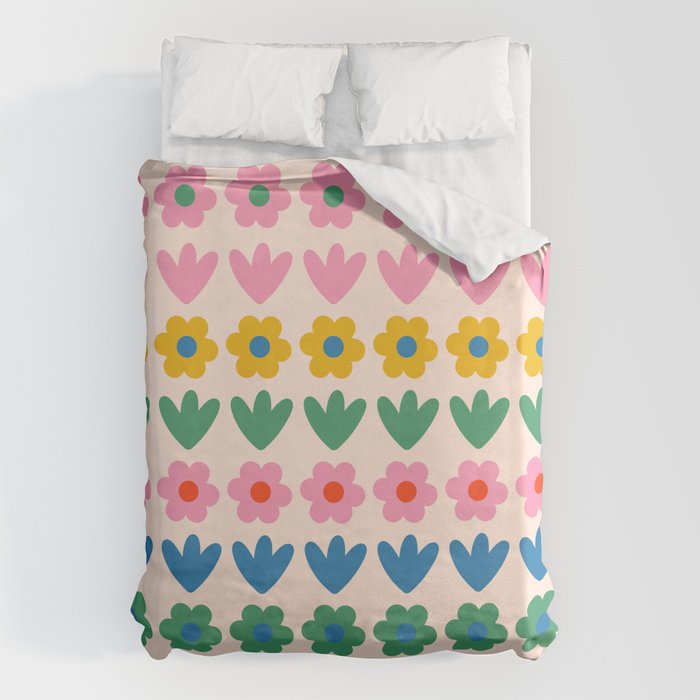 Spring Flower Stripes Cute and Cheerful Floral Pattern Pink Blue Green Mustard Yellow Duvet Cover Gallery Image 6