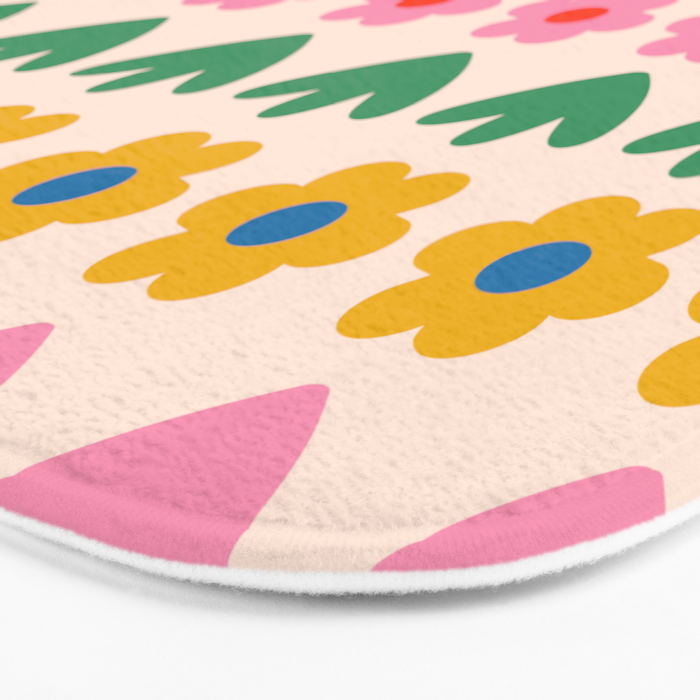 Spring Flower Stripes Cute and Cheerful Floral Pattern Pink Blue Green Mustard Yellow Bath Mat Gallery Image 3