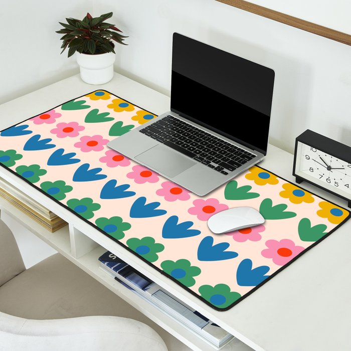 Spring Flower Stripes Cute and Cheerful Floral Pattern Pink Blue Green Mustard Yellow Desk Mat Gallery Image 2