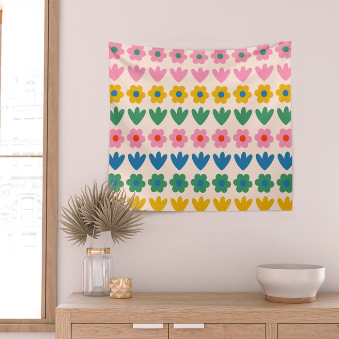 Spring Flower Stripes Cute and Cheerful Floral Pattern Pink Blue Green Mustard Yellow Wall Tapestry Gallery Image 2