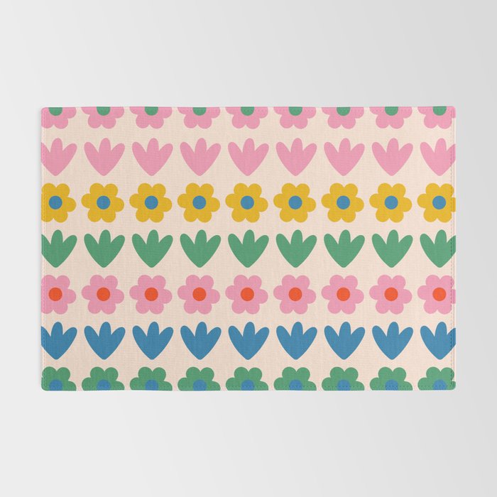 Spring Flower Stripes Cute and Cheerful Floral Pattern Pink Blue Green Mustard Yellow Rug Gallery Image 2