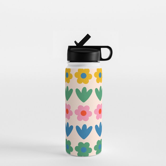 Spring Flower Stripes Cute and Cheerful Floral Pattern Pink Blue Green Mustard Yellow Water Bottle Gallery Image 1