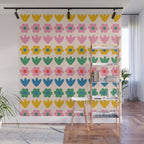 Spring Flower Stripes Cute and Cheerful Floral Pattern Pink Blue Green Mustard Yellow Wall Mural Gallery Image 1