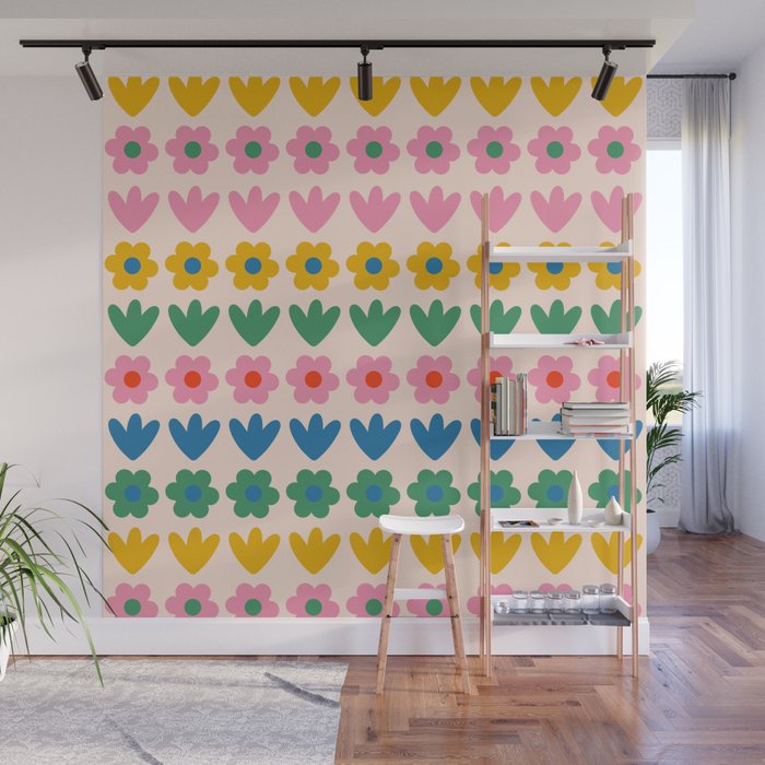 Spring Flower Stripes Cute and Cheerful Floral Pattern Pink Blue Green Mustard Yellow Wall Mural Gallery Image 1