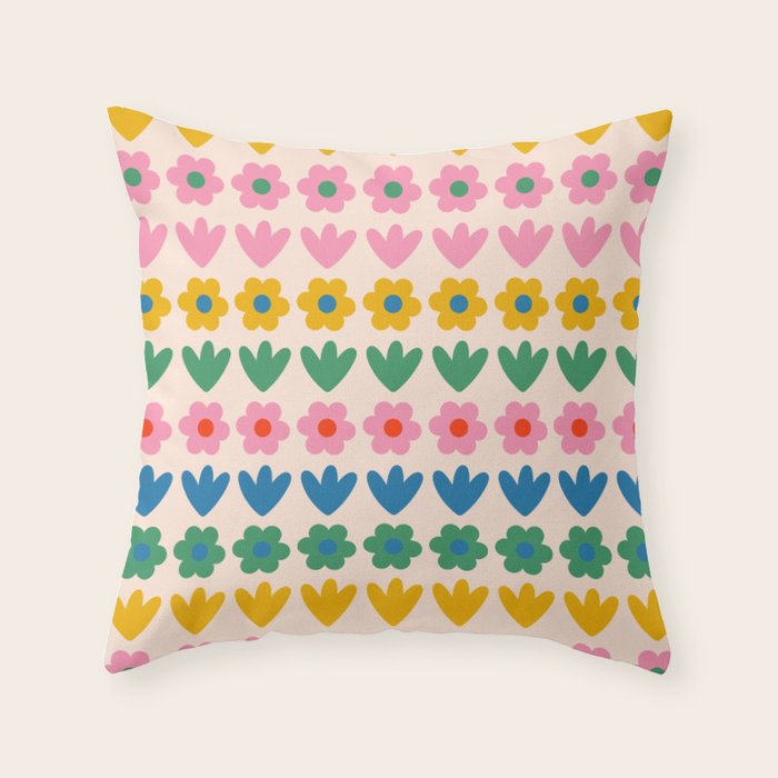 Spring Flower Stripes Cute and Cheerful Floral Pattern Pink Blue Green Mustard Yellow Throw Pillow Gallery Image 6