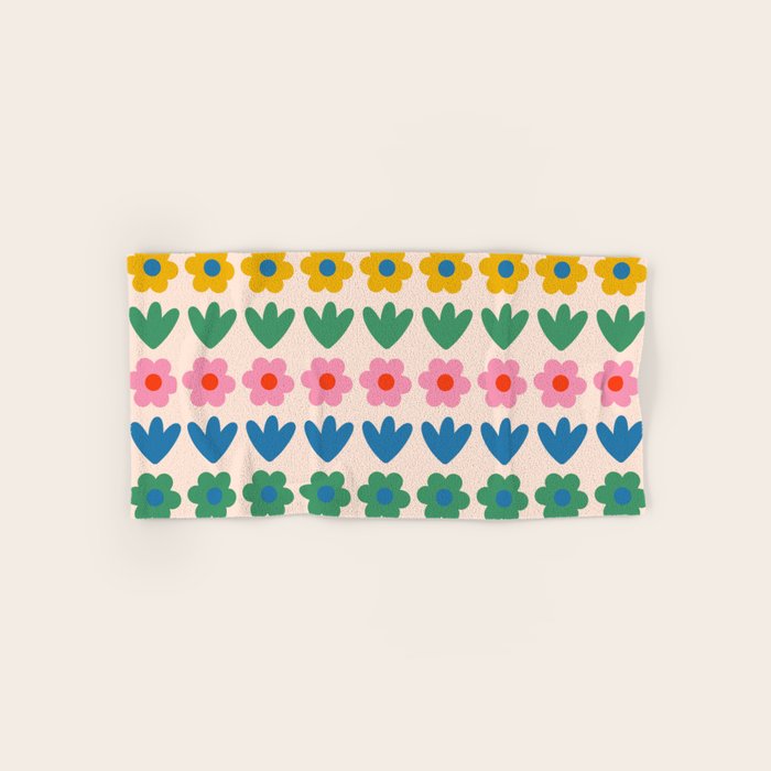 Spring Flower Stripes Cute and Cheerful Floral Pattern Pink Blue Green Mustard Yellow Bath Towel Gallery Image 1