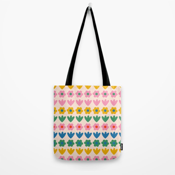 Spring Flower Stripes Cute and Cheerful Floral Pattern Pink Blue Green Mustard Yellow Tote Bag Gallery Image 2