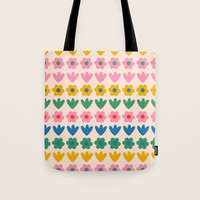 Spring Flower Stripes Cute and Cheerful Floral Pattern Pink Blue Green Mustard Yellow Tote Bag Gallery Image 1