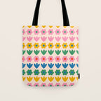 Spring Flower Stripes Cute and Cheerful Floral Pattern Pink Blue Green Mustard Yellow Tote Bag Gallery Image 1