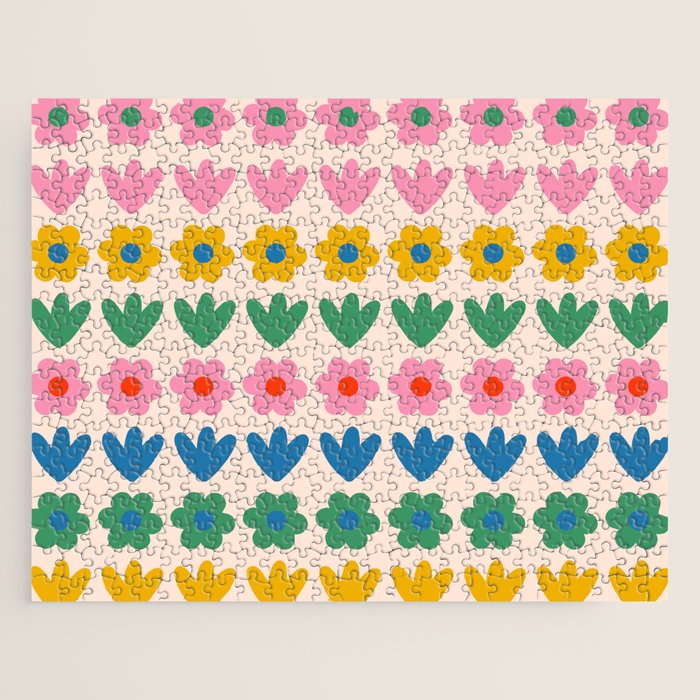 Spring Flower Stripes Cute and Cheerful Floral Pattern Pink Blue Green Mustard Yellow Jigsaw Puzzle Gallery Image 1