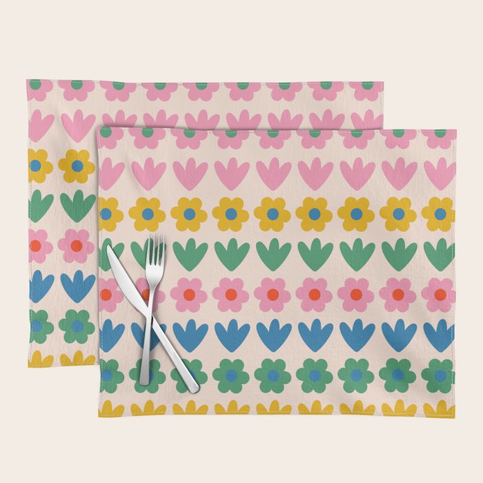 Spring Flower Stripes Cute and Cheerful Floral Pattern Pink Blue Green Mustard Yellow Placemat Gallery Image 1