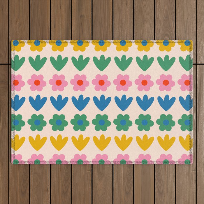 Spring Flower Stripes Cute and Cheerful Floral Pattern Pink Blue Green Mustard Yellow Outdoor Rug Gallery Image 1