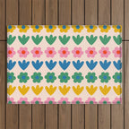 Spring Flower Stripes Cute and Cheerful Floral Pattern Pink Blue Green Mustard Yellow Outdoor Rug Gallery Image 1
