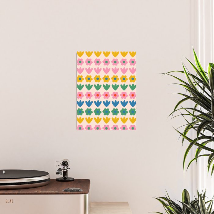 Spring Flower Stripes Cute and Cheerful Floral Pattern Pink Blue Green Mustard Yellow Poster Gallery Image 2