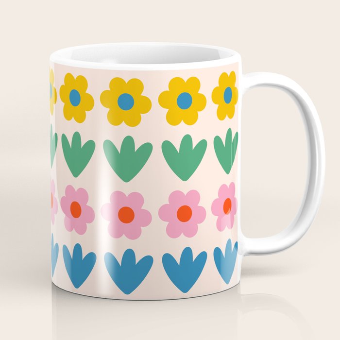 Spring Flower Stripes Cute and Cheerful Floral Pattern Pink Blue Green Mustard Yellow Coffee Mug Gallery Image 1