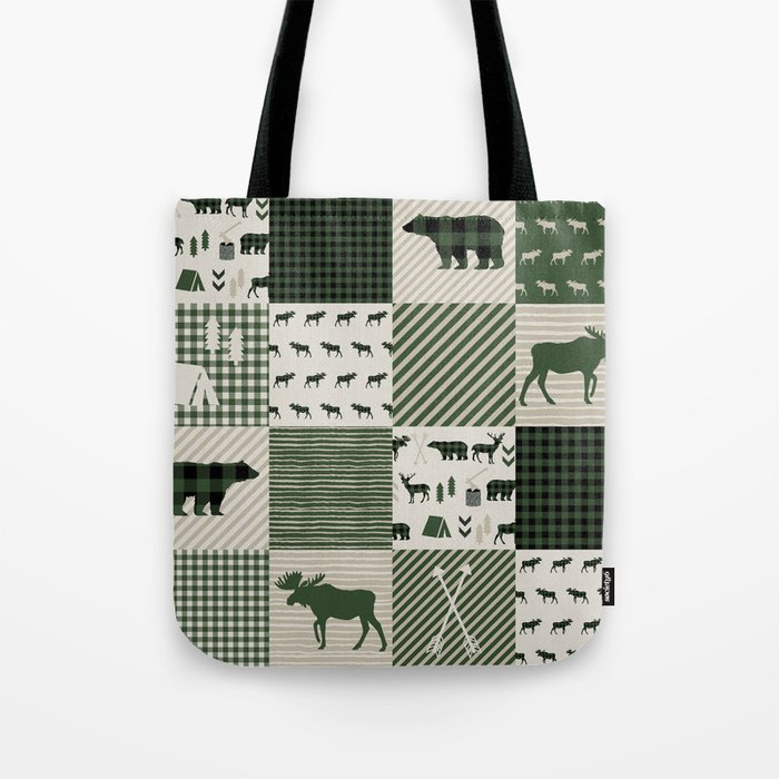 Camping hunter green plaid quilt cheater quilt baby nursery cute pattern bear moose cabin life Tote Bag Gallery Image 1